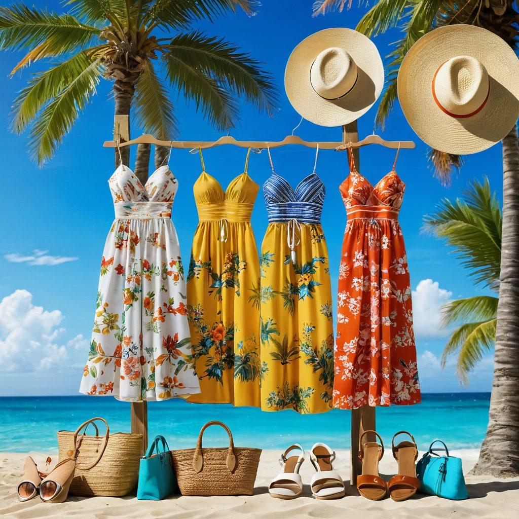 A stylish summer wardrobe display featuring a vibrant selection of vacation outfits, including floral dresses, swimwear, sunglasses, and sandals. The scene is set against a sunny beach backdrop with palm trees and an inviting ocean. Incorporate accessories like sun hats and tote bags, creating a lively, beach-ready atmosphere. super-realistic. vibrant colors. bright and sunny.
